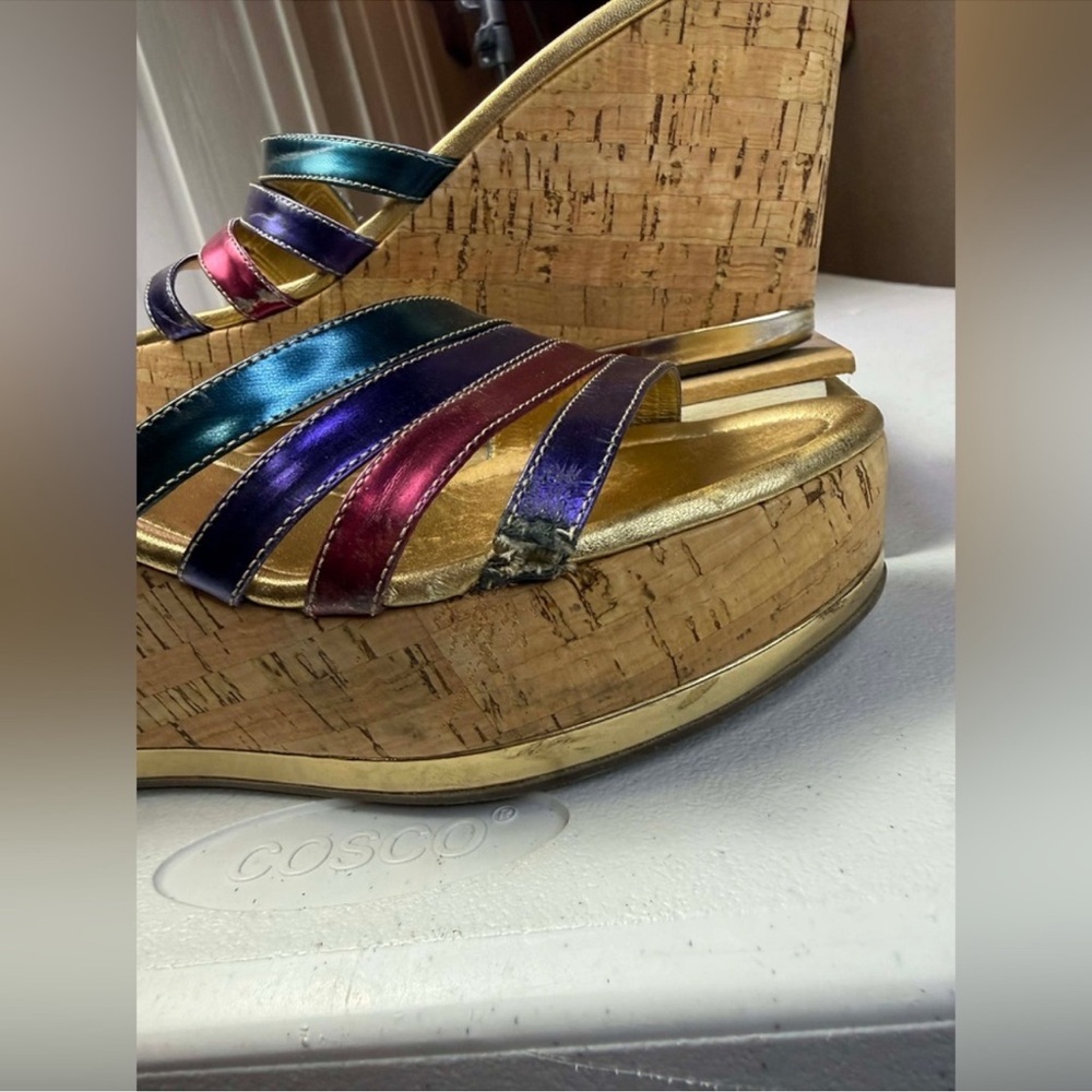 Prada Women's Multi Metallic Rainbow
Cork Wedge Sandals Sz 40 / US 10 - Picture 5 of 14
